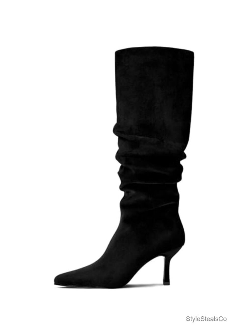 Faux Suede Knee High Boots Pointed Toe Ruched Kitten Heel Pull On
